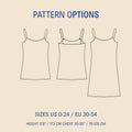 Pattern options for a tank top with size and height specifications on a beige background