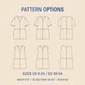 Pattern options for a dress with various views on a beige background