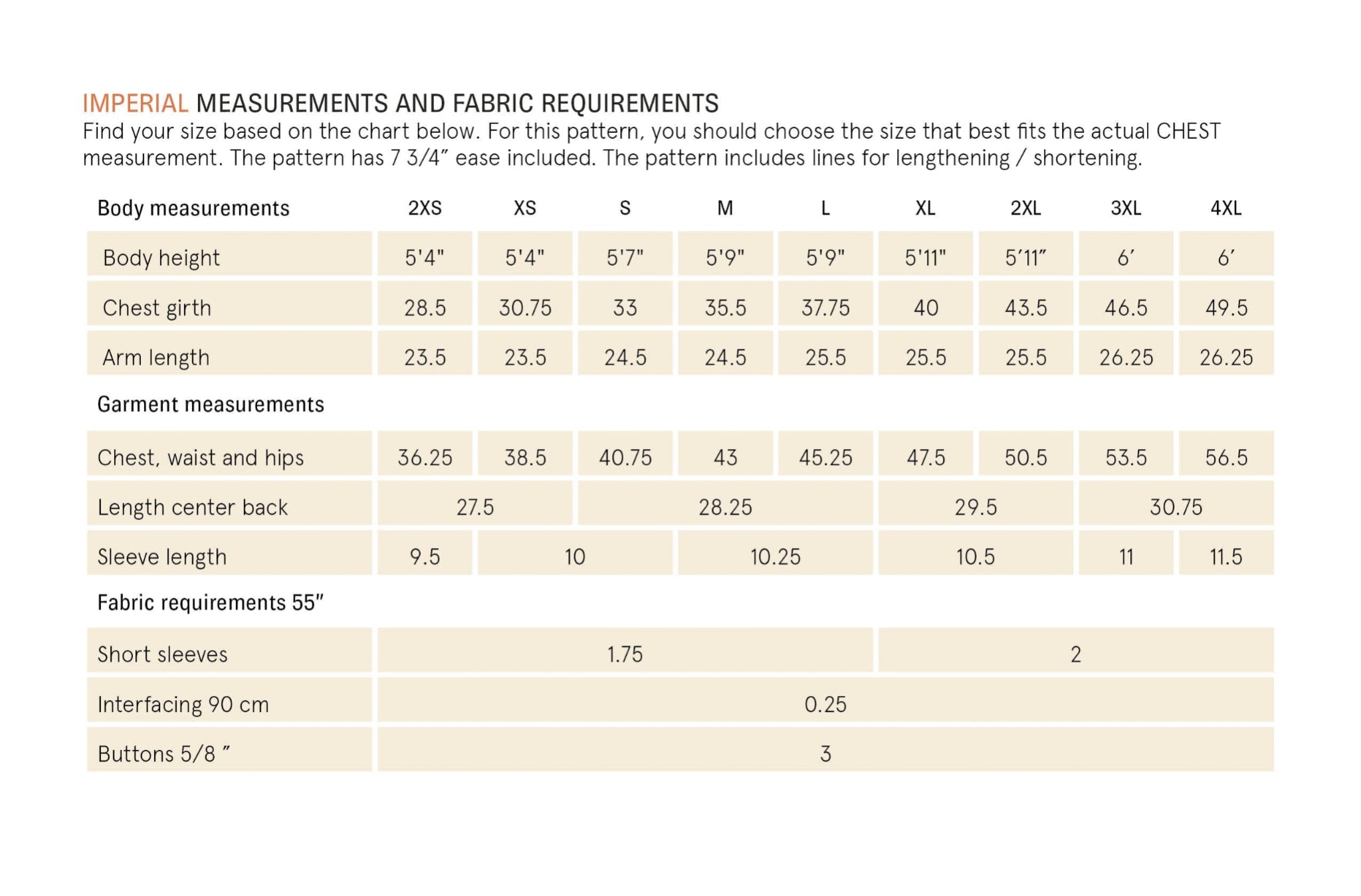 Measurement chart for clothing with body and garment dimensions on a white background