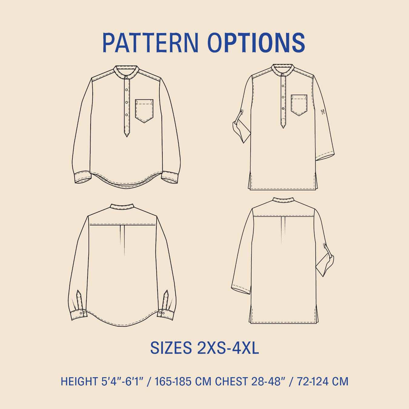 Pattern options for a shirt with size and height specifications on a beige background