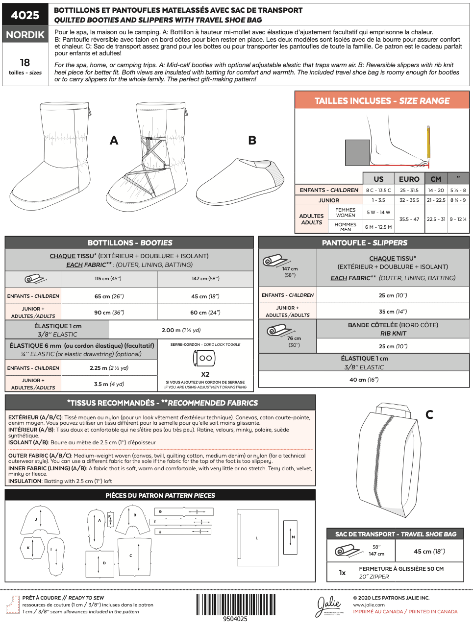 4025 // NORDIK Quilted booties and slippers with travel bag - Jalie