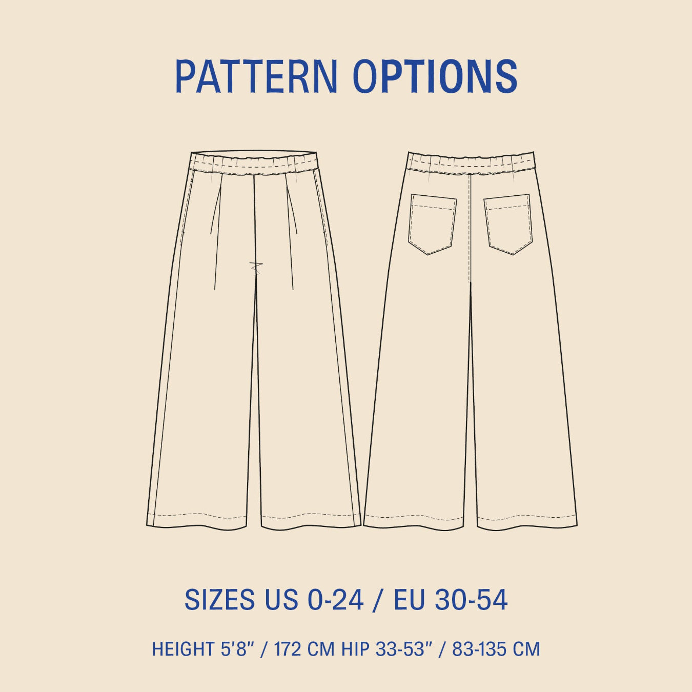 Outline of a pair of pants with pattern options text on a beige background