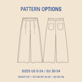 Outline of a pair of pants with pattern options text on a beige background